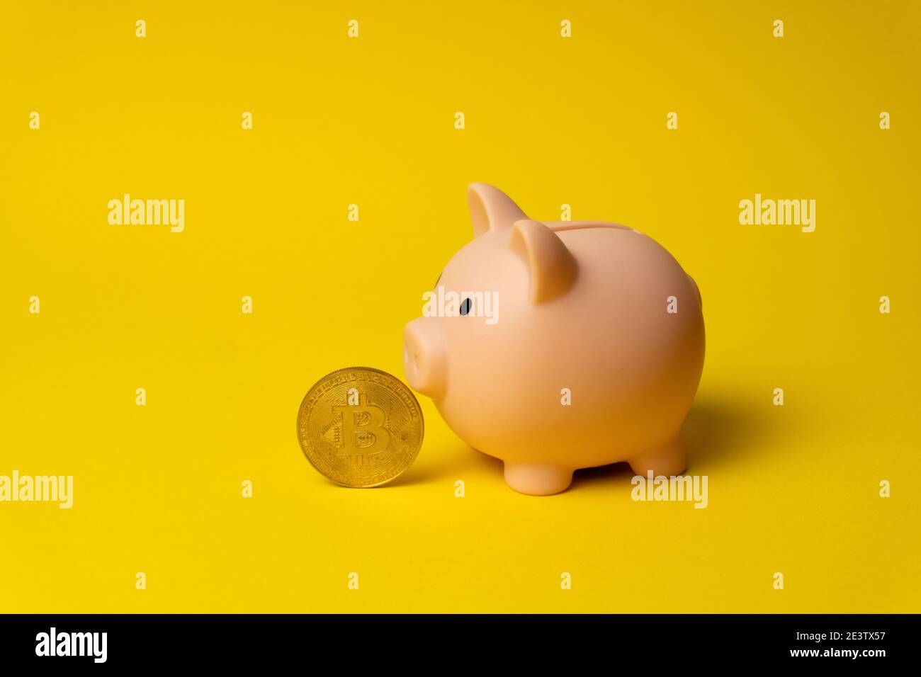 Cryptocurrency Bitcoin near piggy money box as symbol of financial revolution Stock Photo