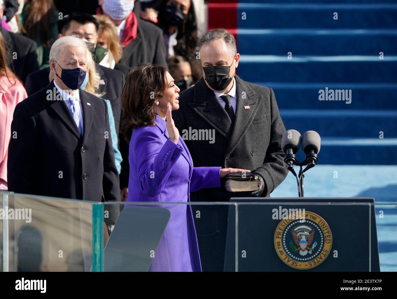 Kamala Harris is sworn in as vice president by Supreme Court Justice Sonia Sotomayor as her husband Doug Emhoff holds the Bible during the 59th Presidential Inauguration at the U.S. Capitol in Washington, Wednesday, Jan. 20, 2021. (AP Photo/Patrick Semansky, Pool)/MediaPunch Stock Photo