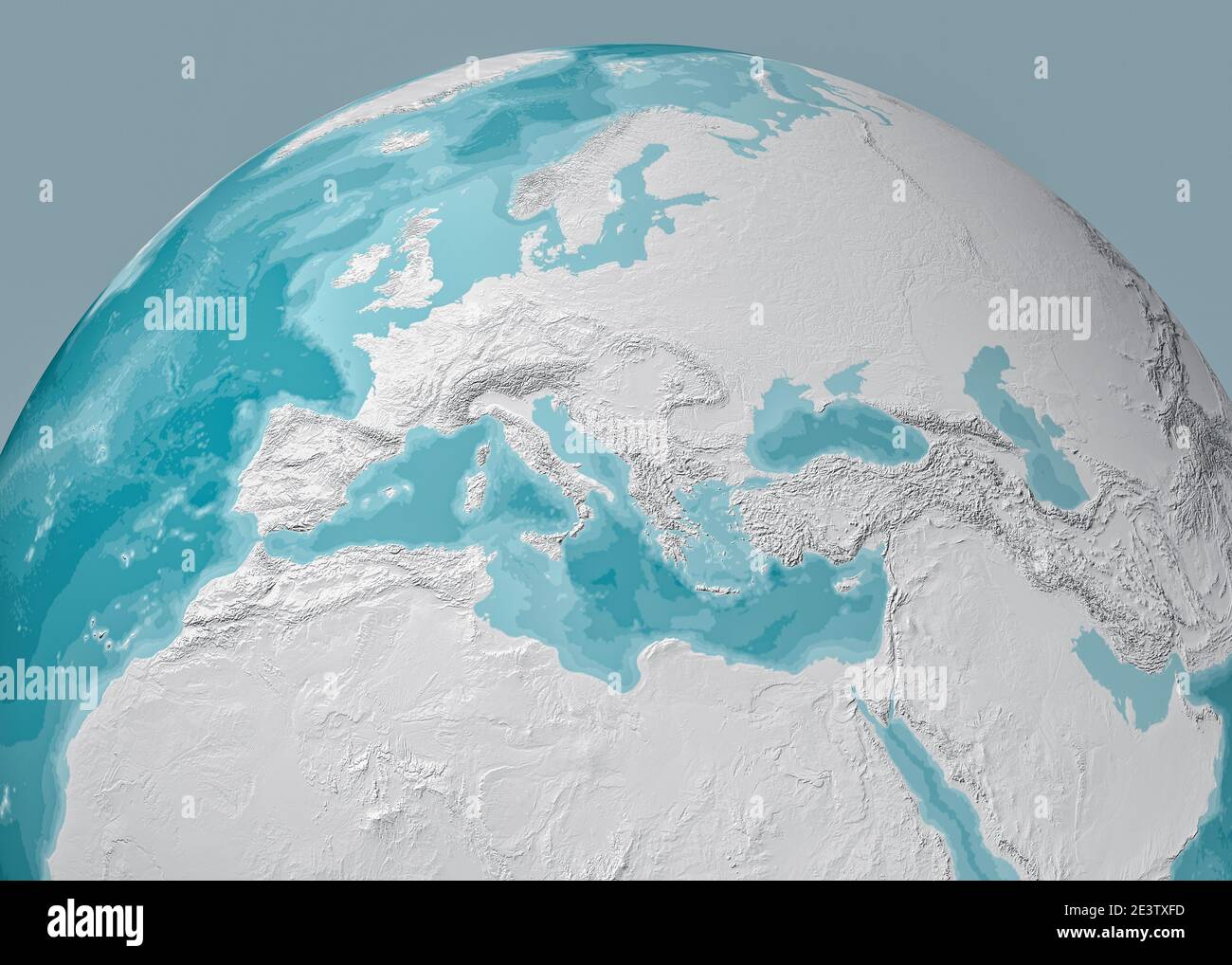 Globe map of the Mediterranean Sea and Europe, Africa and the Middle East. Cartography, geographical atlas. 3d render. Bathymetry, underwater depth Stock Photo