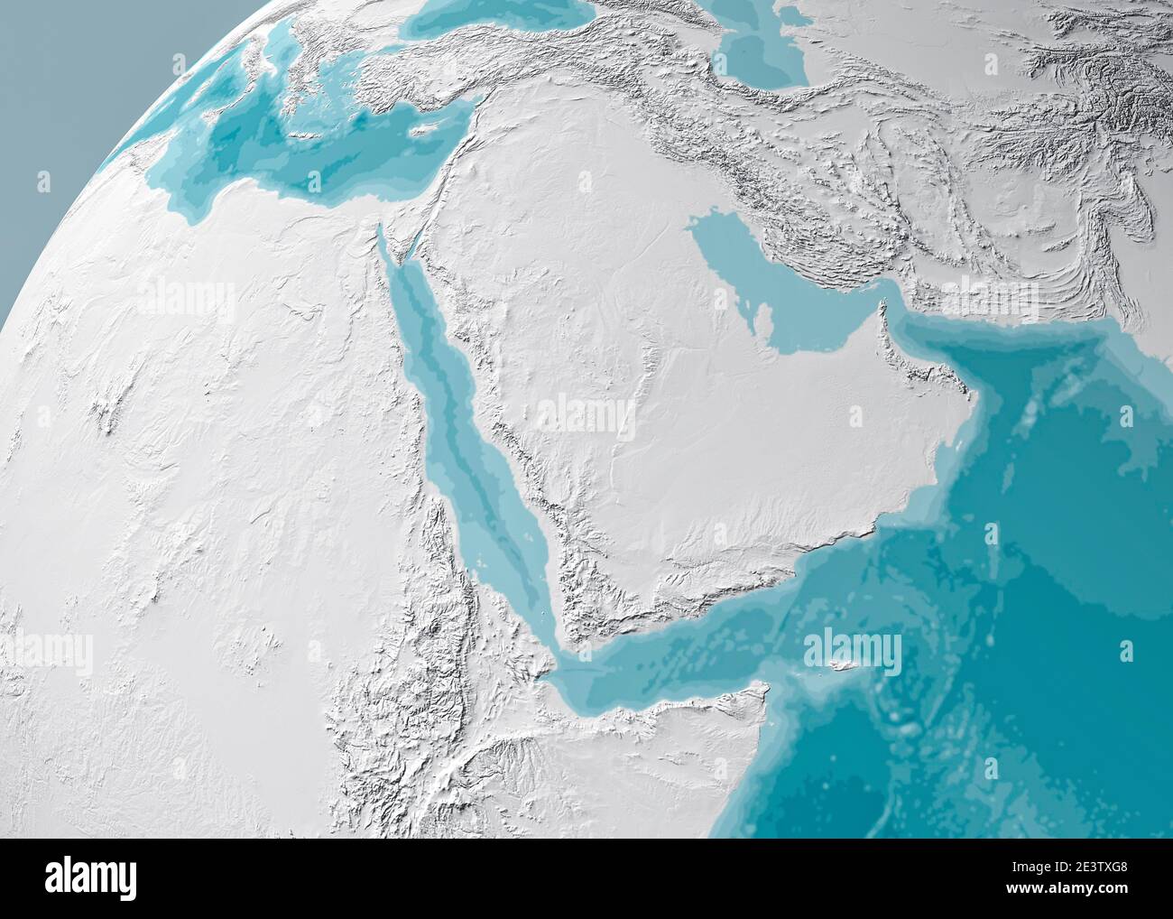 Globe map of the Arabian Peninsula, Middle East physical map, 3d render, map with relief and mountains. Arabian Sea, Red Sea and Persian Gulf. Stock Photo