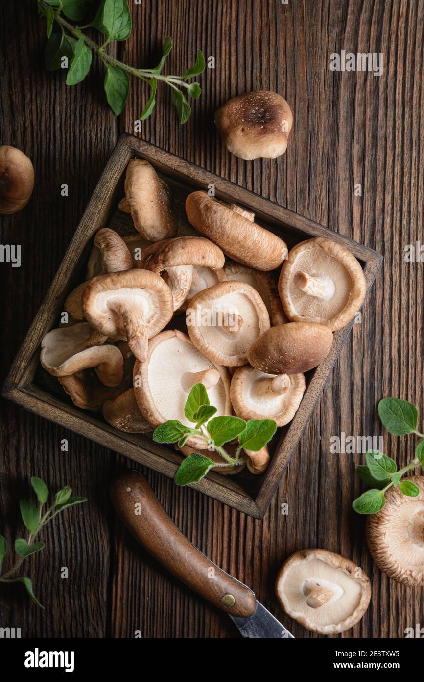 Heap of immunity boosting fresh Shiitake mushrooms in a bowl on rustic wooden background Stock Photo