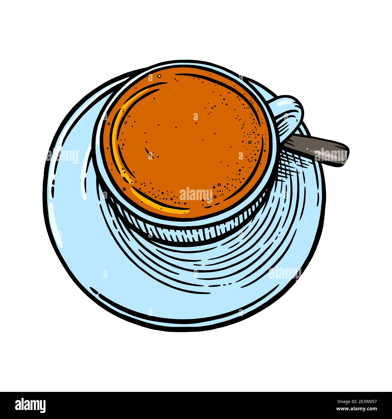 Tea cup with spoon and sauser. Sketch of tea mug. Engraved vector