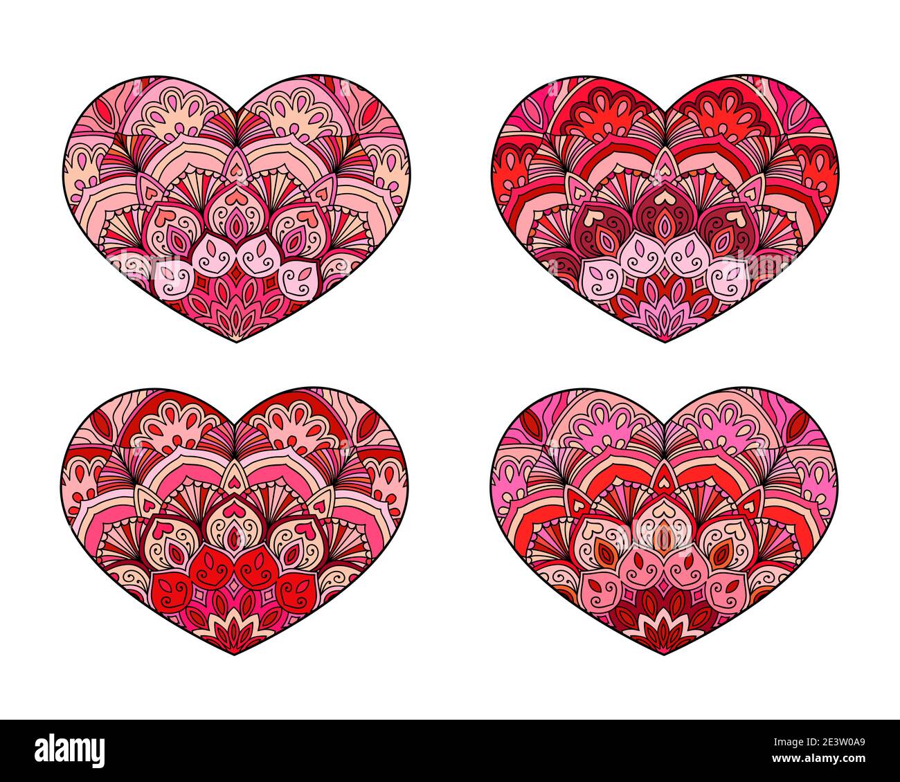 Vector Hearts set. Decorative mandala ornament. Intricate valentines collection Stock Vector