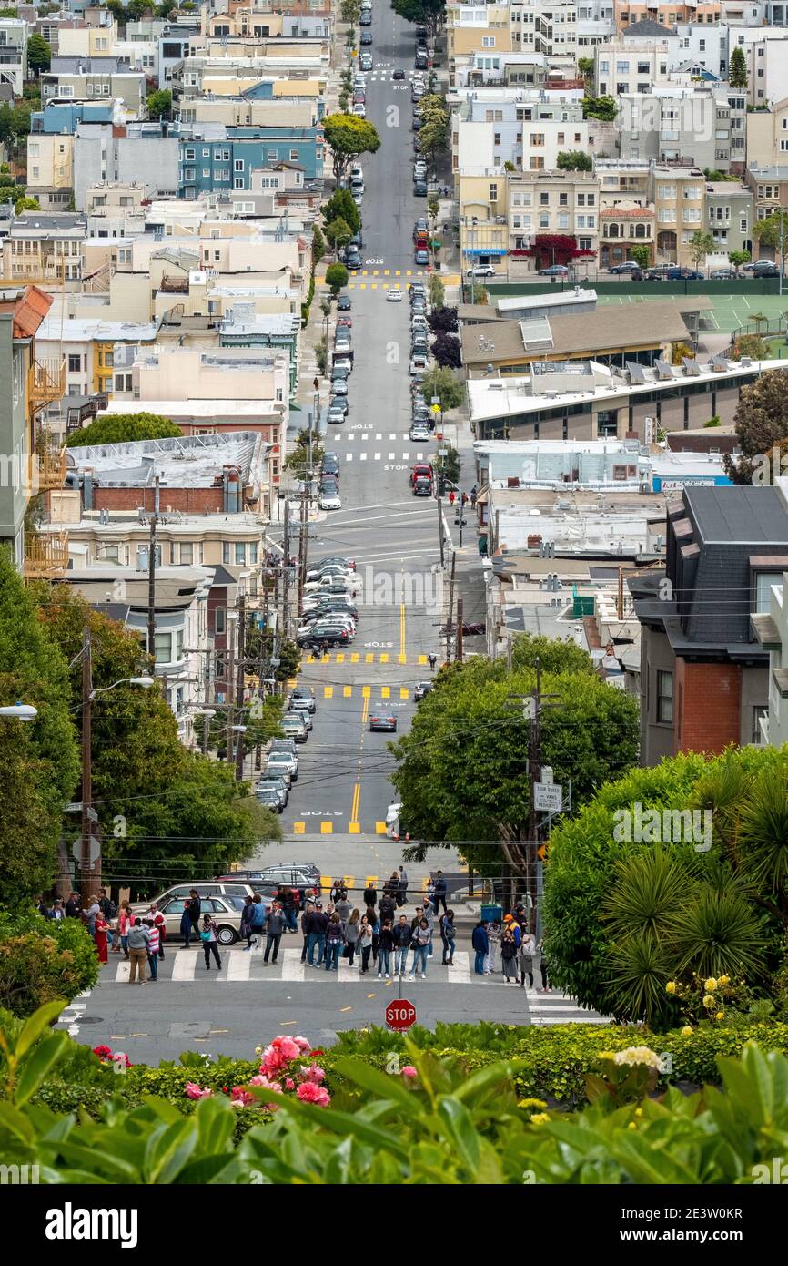 View looking down Lombard Street, San Francisco, California, USA. Stock Photo