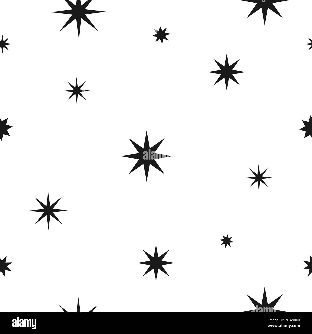 Seamless cute pattern with black stars or sparkles and snow on white background. Vector illustration. Magic fireworks. Bright Stardust background. Con Stock Vector