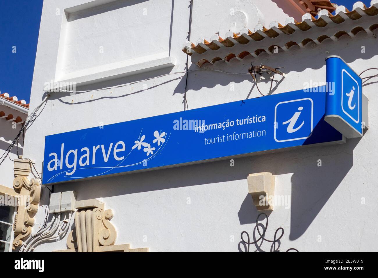 Algarve Tourist Information Sign On The Building Of The Algarve Tourist Information Office In Old Town Albufeira Portugal Stock Photo