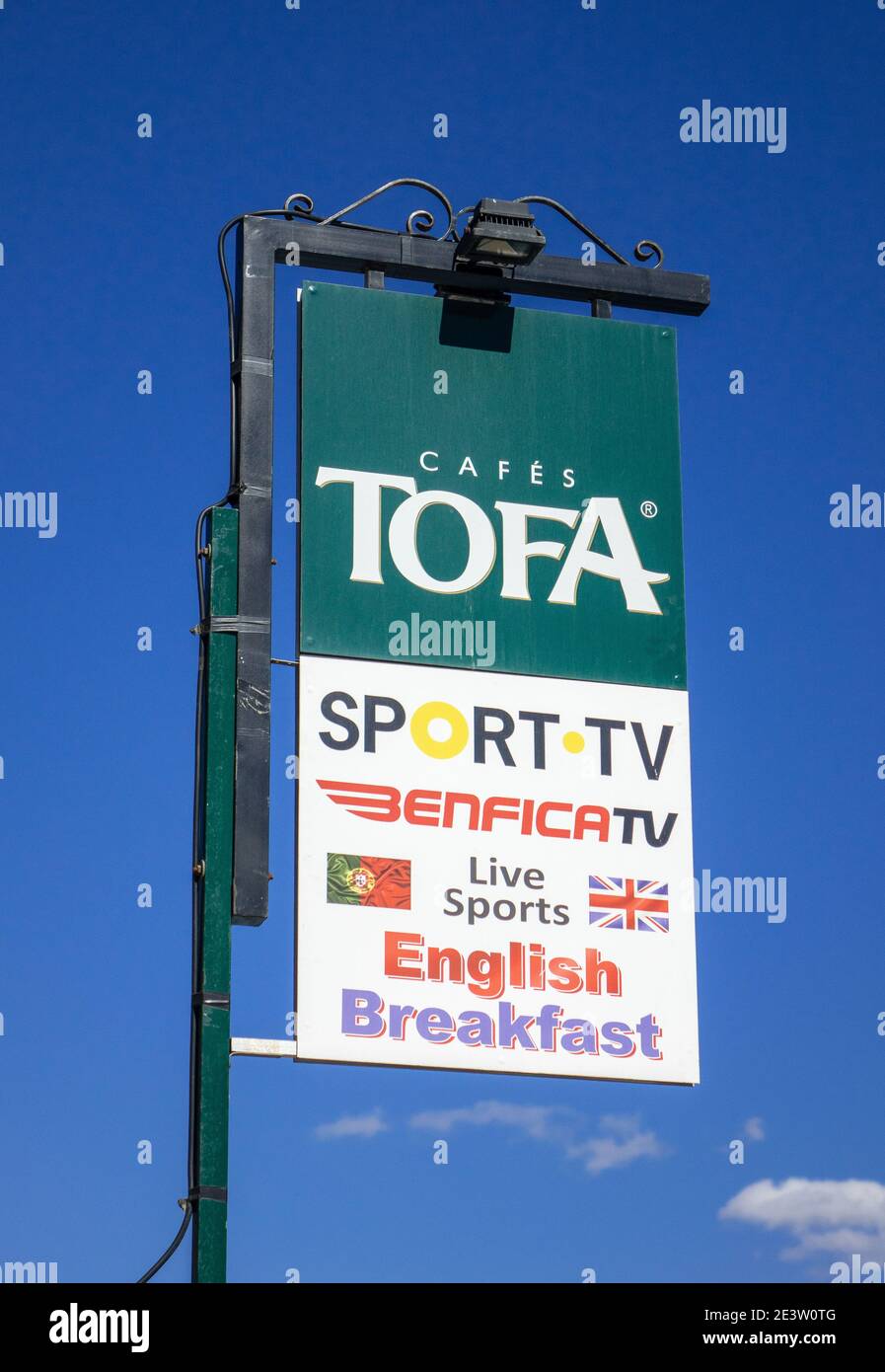 Cafe Tofa Sign A Cafe In Albufeira Portugal Advertising Benfica TV  Live Sports Bar And English Breakfast Stock Photo