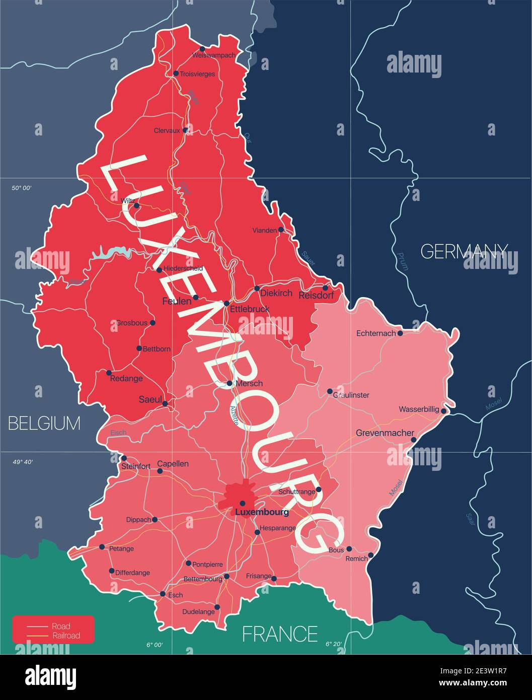 Luxembourg Country Map Luxembourg Country Detailed Editable Map With Regions Cities And Towns Roads And Railways Geographic Sites Vector Eps 10 File 2E3W1R7