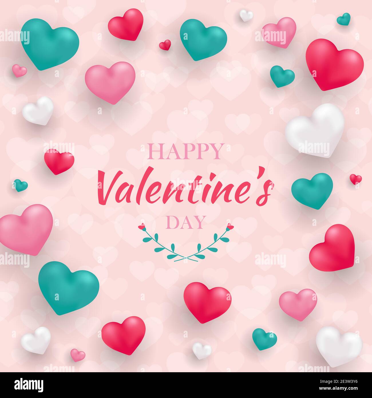 Happy Valentine’s Day greeting card with realistic 3D hearts. Vector ...