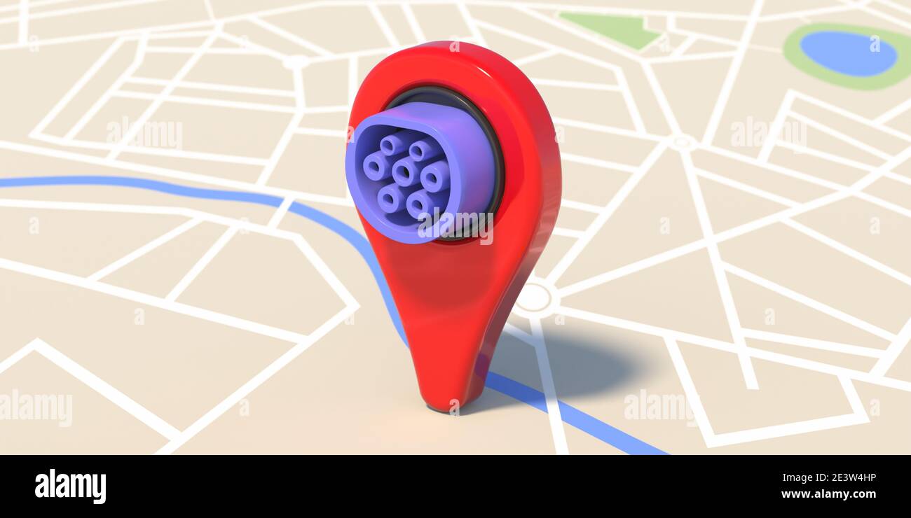 Electric car charging stations locations. Pointer pin with electric