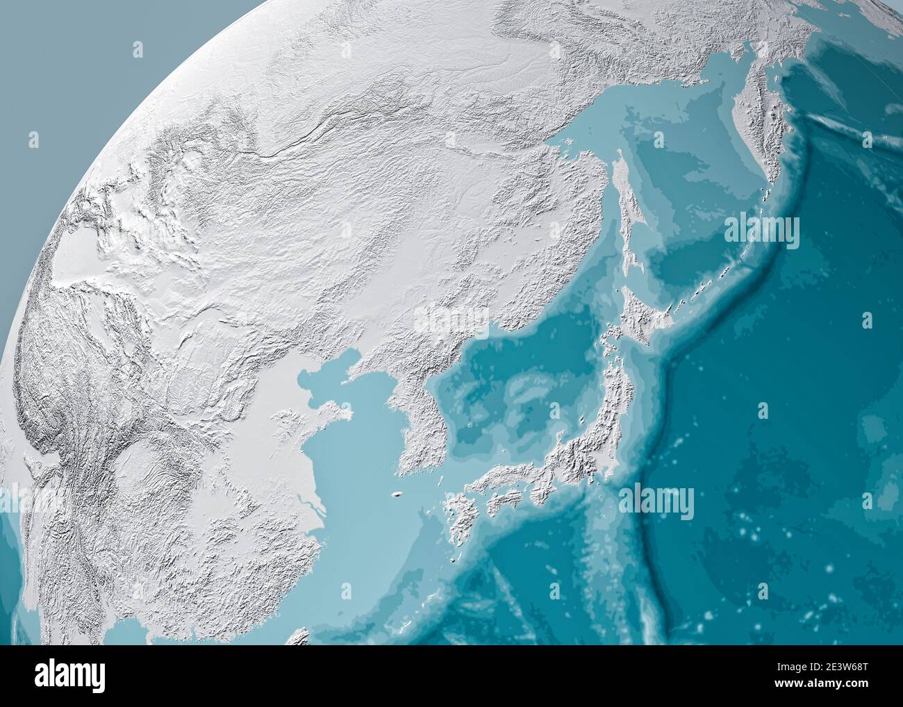 Globe map of Japan, North Korea and South Korea, physical map Asia, East Asia. Map with reliefs and mountains, Pacific Ocean. Bathymetry, underwater Stock Photo