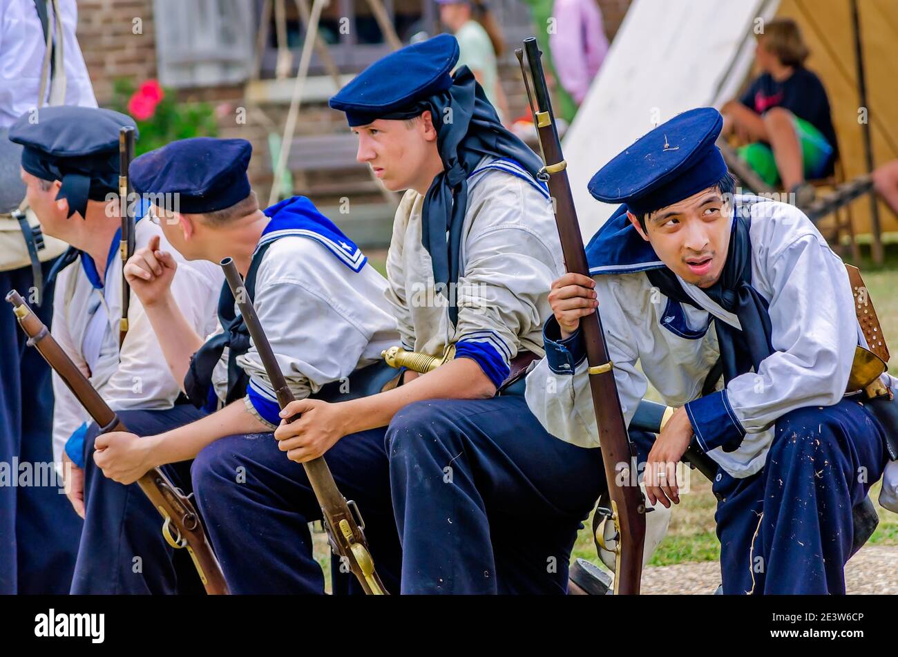 Civil War reenactors represent the Union Army at Fort Gaines during a reenactment of the 150th Battle of Mobile Bay in Dauphin Island, Alabama. Stock Photo