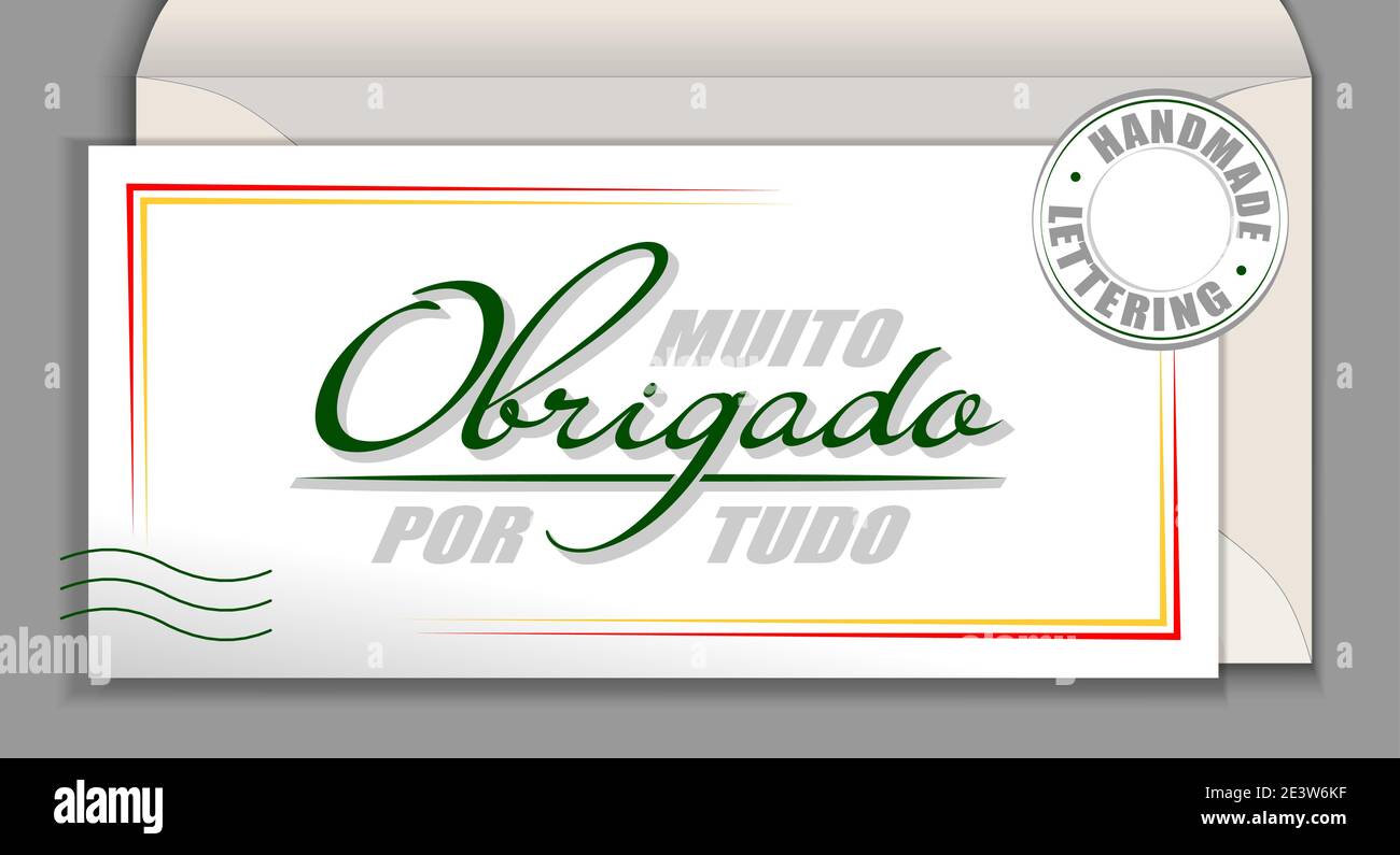 Handwritten Portuguese language lettering Muito Obrigado por tudo - Thank you for everything. Portugal vector calligraphy phrase Thank You so very muc Stock Vector