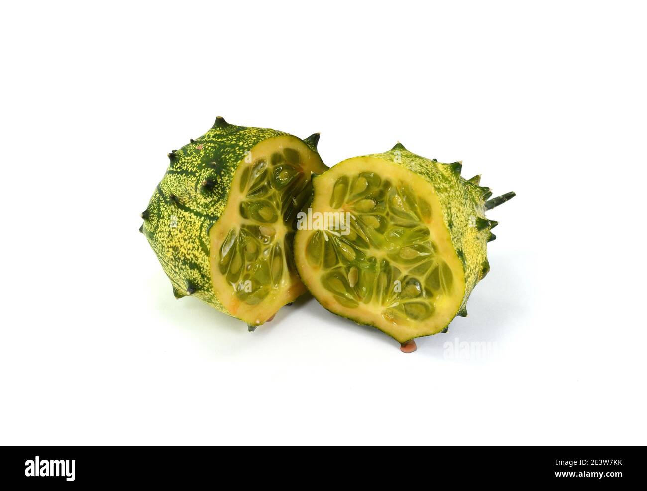 Exotic fruit Sliced cucumis metuliferus. Kiwano. Horned melon