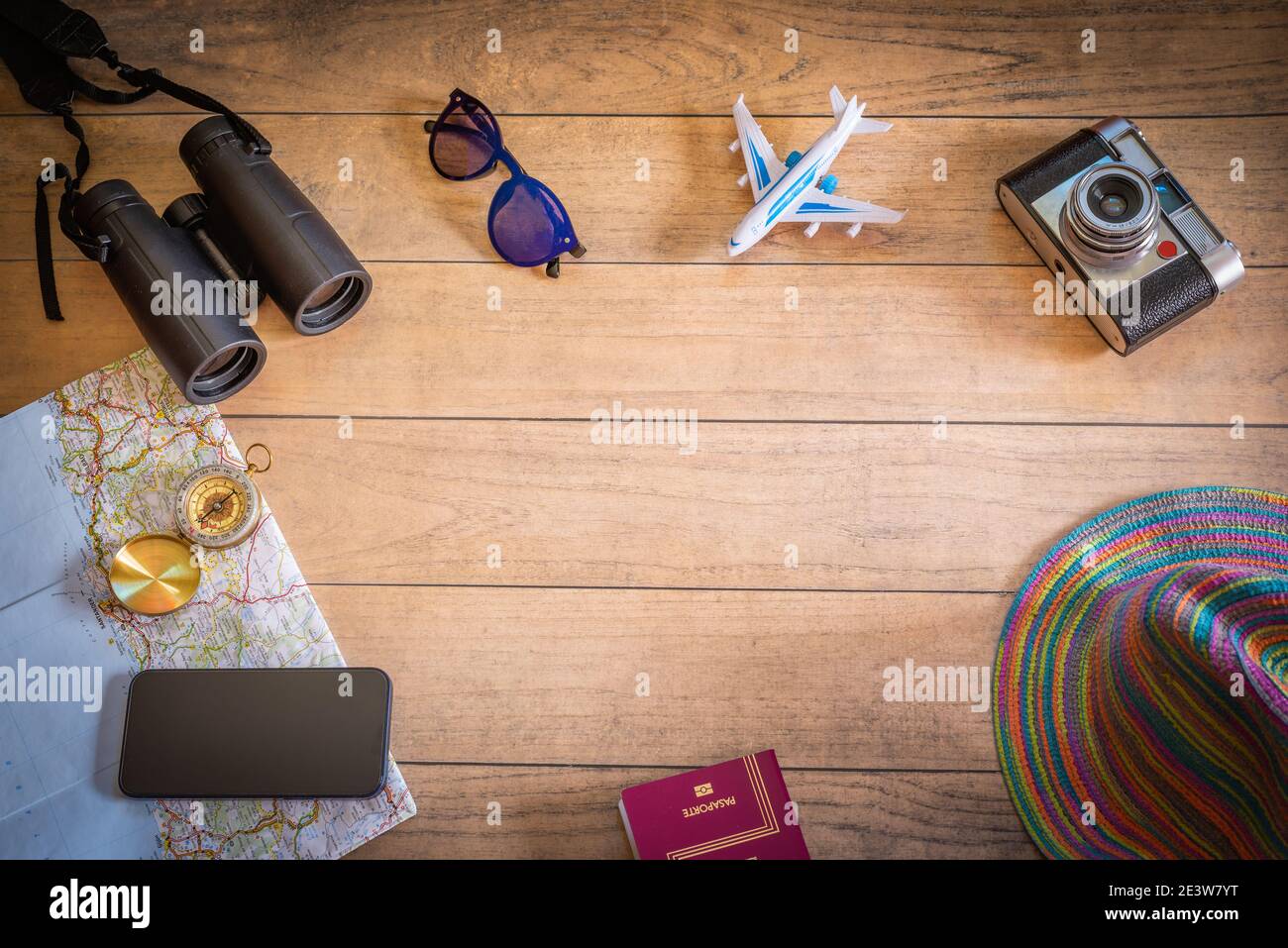 On a wood there are several important items to organize a trip that we can not forget. Stock Photo