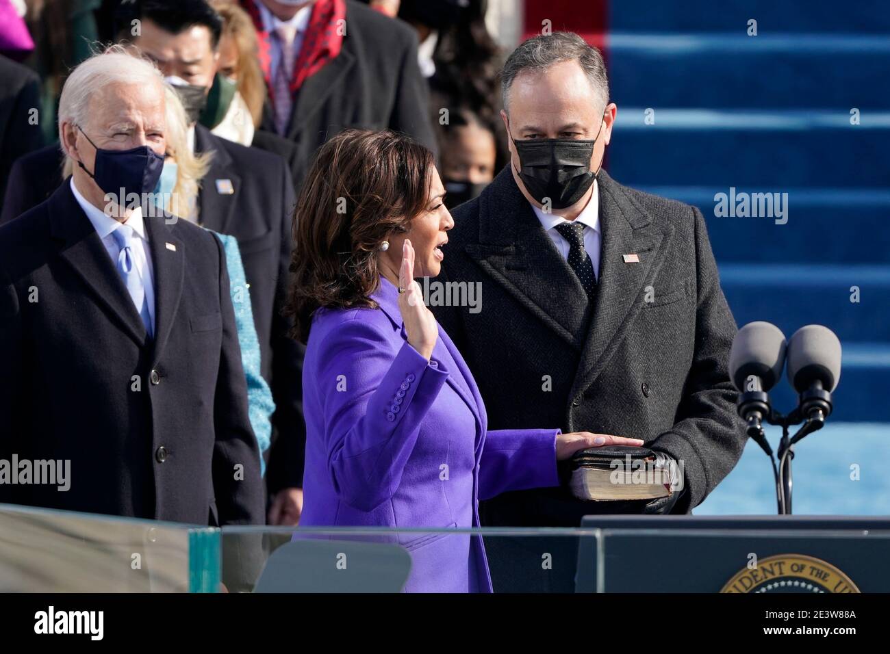 Kamala Harris is sworn in as vice president by Supreme Court Justice Sonia Sotomayor as her husband Doug Emhoff holds the Bible during the 59th Presidential Inauguration at the U.S. Capitol in Washington, Wednesday, Jan. 20, 2021. (AP Photo/Patrick Semansky, Pool)/MediaPunch Stock Photo