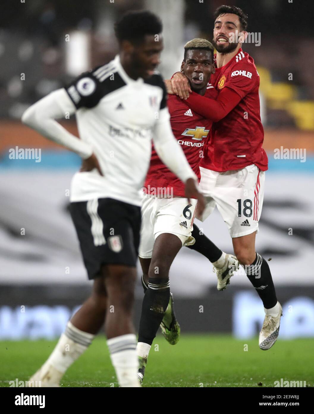 Manchester United's Paul Pogba celebrates scoring his side's second goal of the game during the Premier League match at Craven Cottage, London. Picture date: Wednesday January 20, 2021. Stock Photo