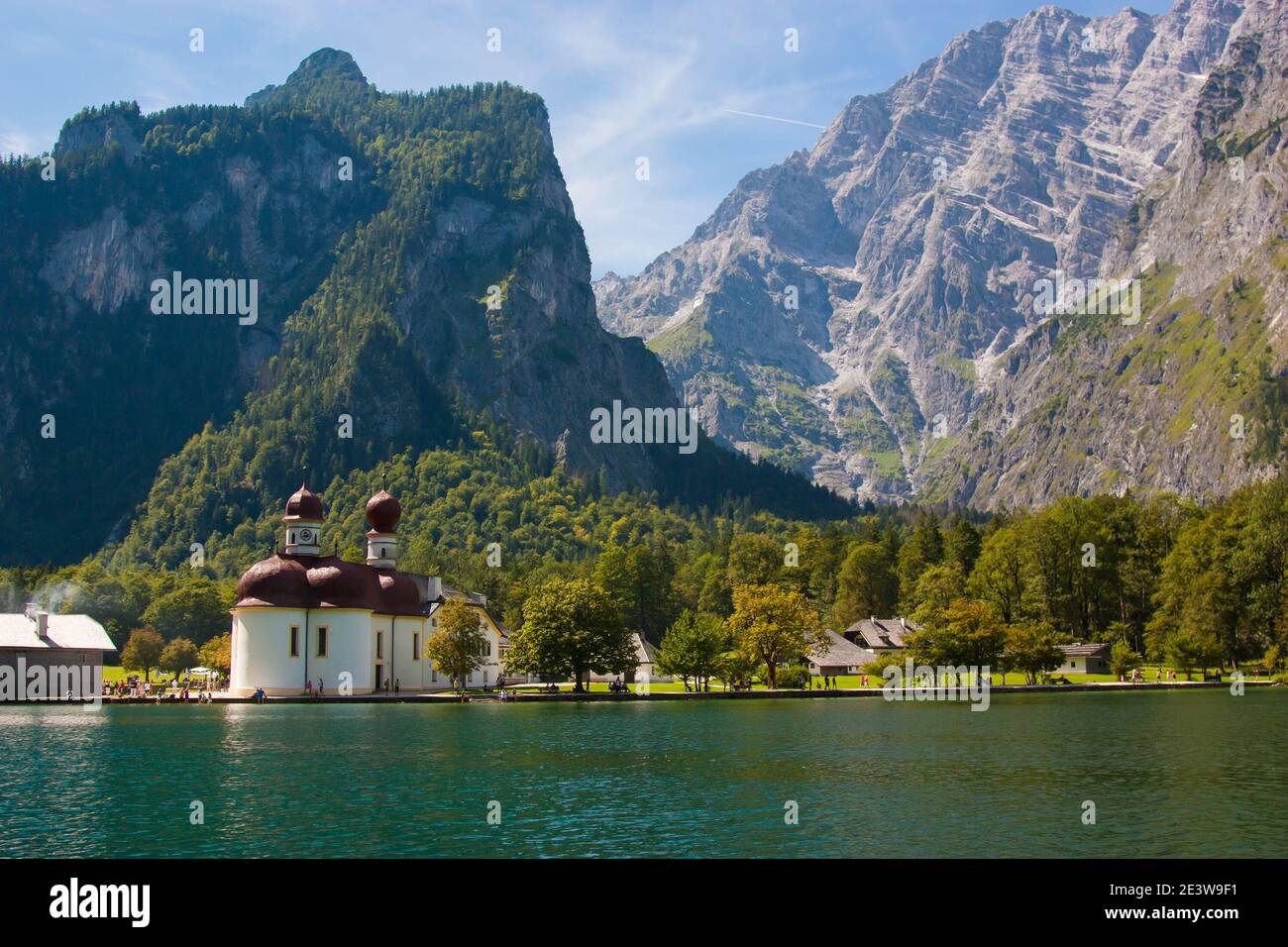 Kirche St. Bartholomae St. Bartholomew's Church at Lake K nigssee, Berchtesgaden National Park, Bavaria Stock Photo