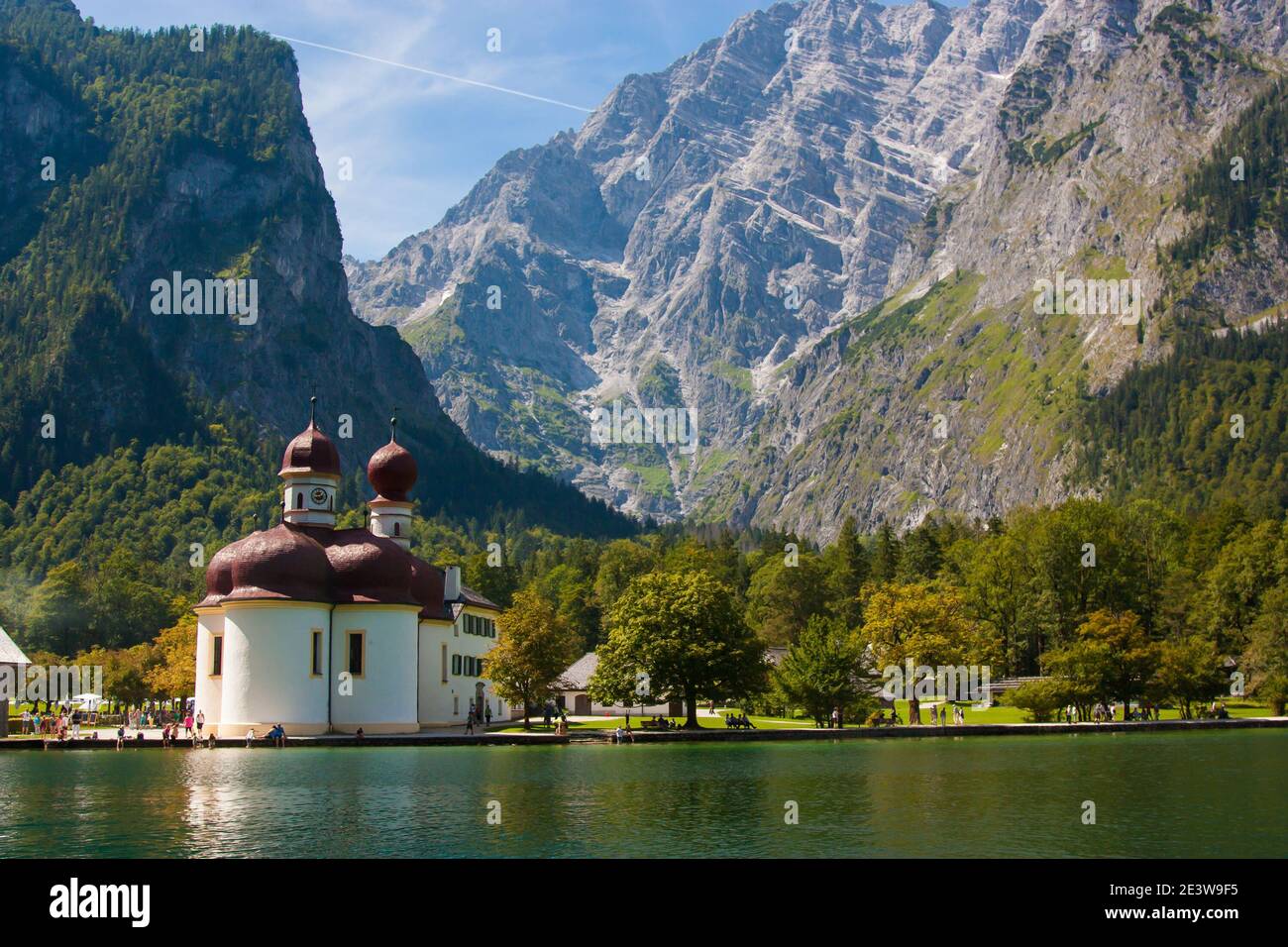 Kirche St. Bartholomae St. Bartholomew's Church at Lake K nigssee, Berchtesgaden National Park, Bavaria Stock Photo