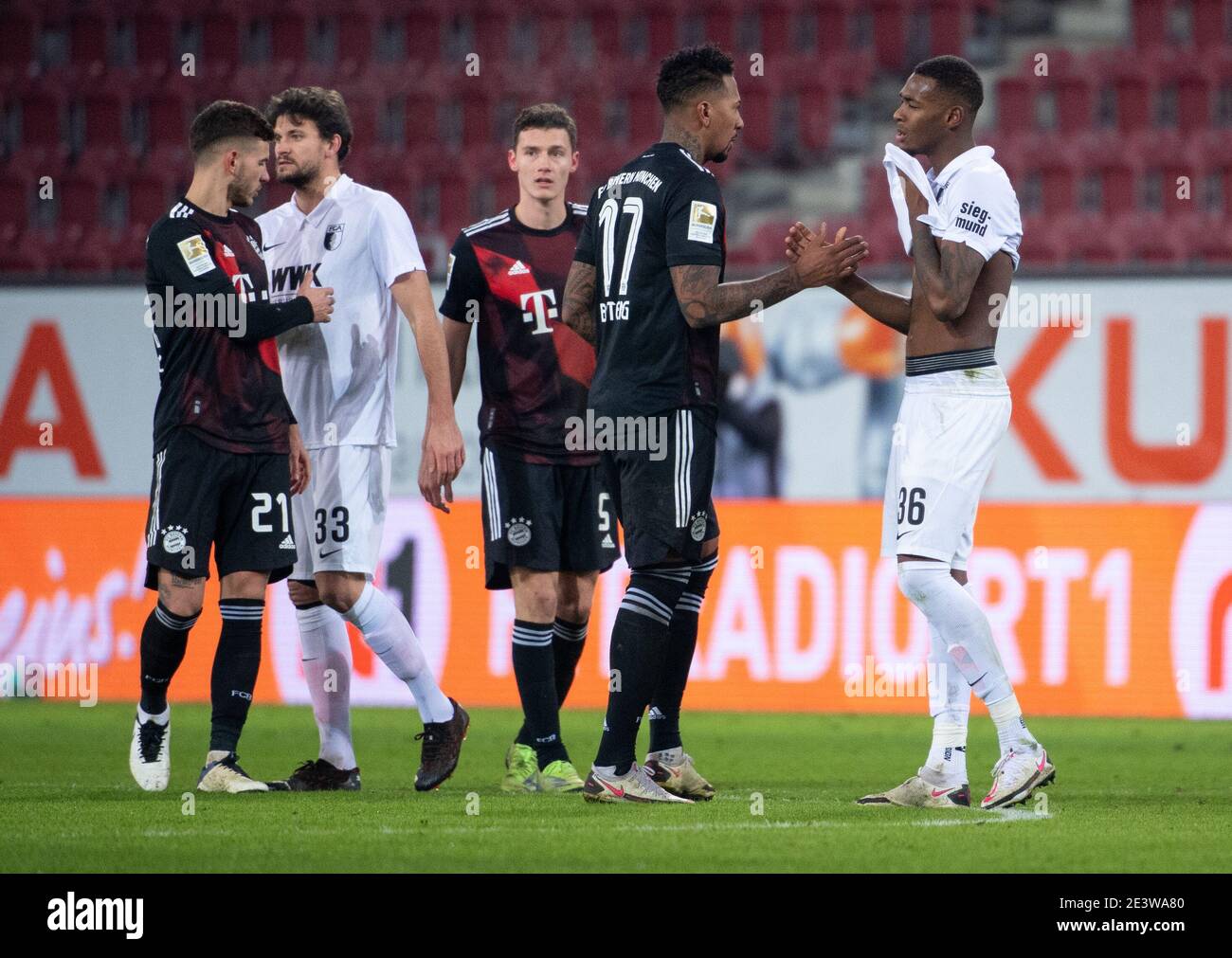 20 January 2021 Bavaria Augsburg Football Bundesliga Fc Augsburg Bayern Munich Matchday 17 At Wwk Arena Lucas Hernandez L R Of Munich Tobias Strobl Of Augsburg Benjamin Pavard Of Munich Jerome Boateng
