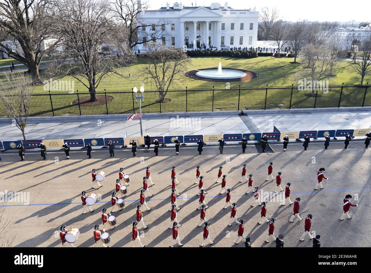 Washington, United States. 20th Jan, 2021. Military honor guards lead the Inaugural Parade for U.S. President Joe Biden and Vice President Kamala Harris past the White House in Washington, DC on Wednesday, January 20, 2021. Biden earlier was sworn in as the 46th President of the United States. Photo by Richard Ellis/UPI Credit: UPI/Alamy Live News Stock Photo