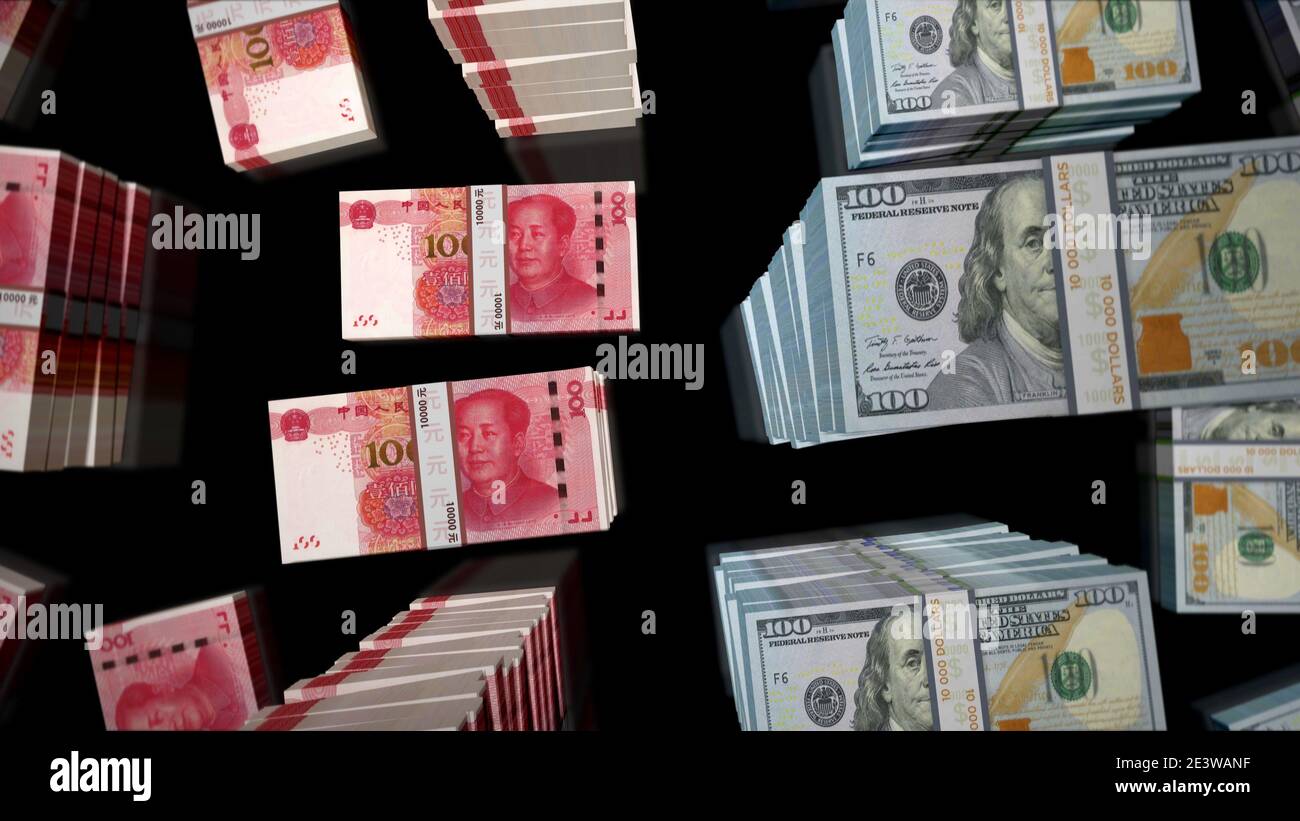 US Dollar vs Chinese Yuan Renminbi money notes pack loop. Concept of USA and China powers economic conflict, trade war, global market crisis and finan Stock Photo
