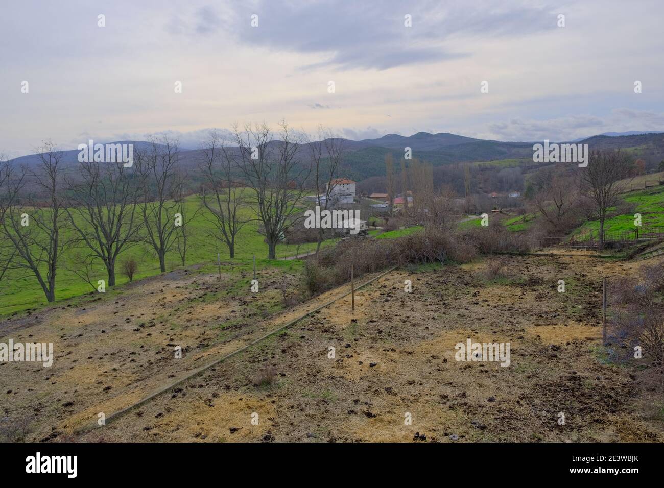 Valley view in Kardzali Bulgaria green grass, dried and withered plants. Stock Photo