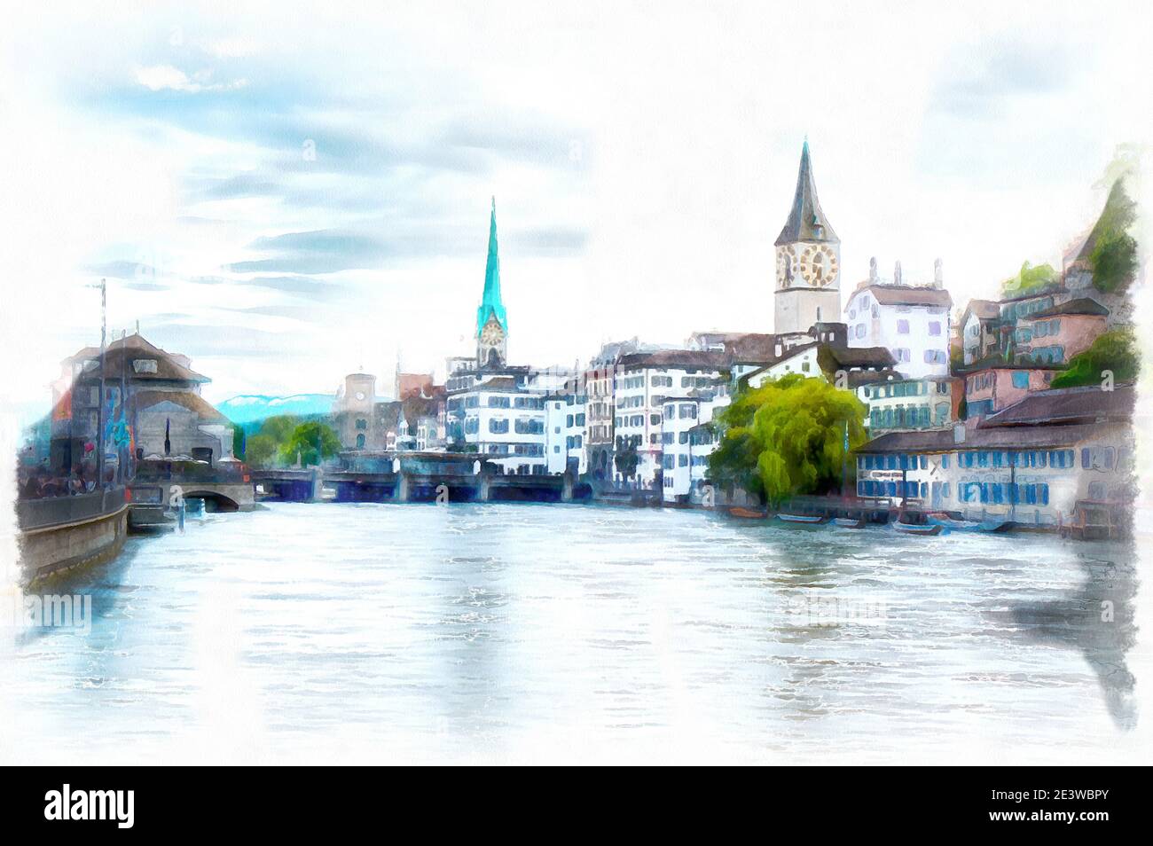 Old town of Zurich with Limmat river in Switzerland, digital generated painting Stock Photo