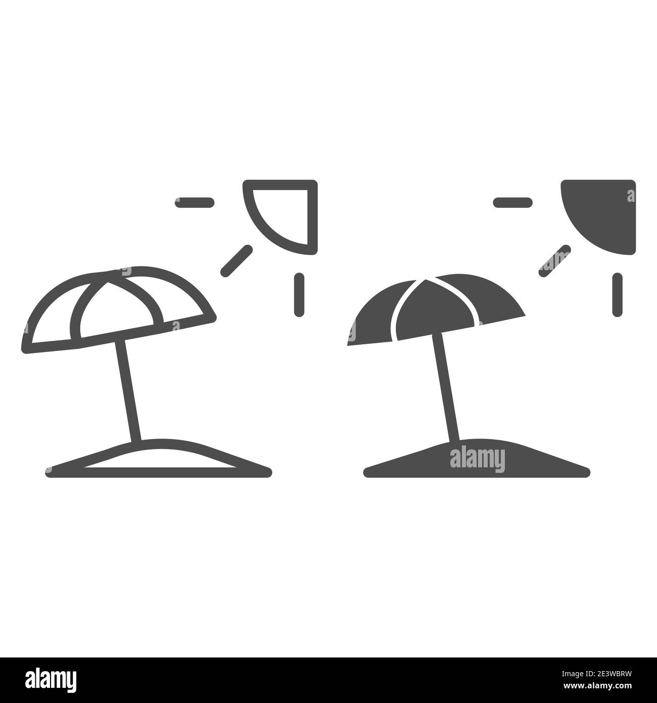 Summer beach with umbrella and sun line and solid icon, Summer concept, Beach parasol sign on white background, Beach umbrella icon in outline style Stock Vector