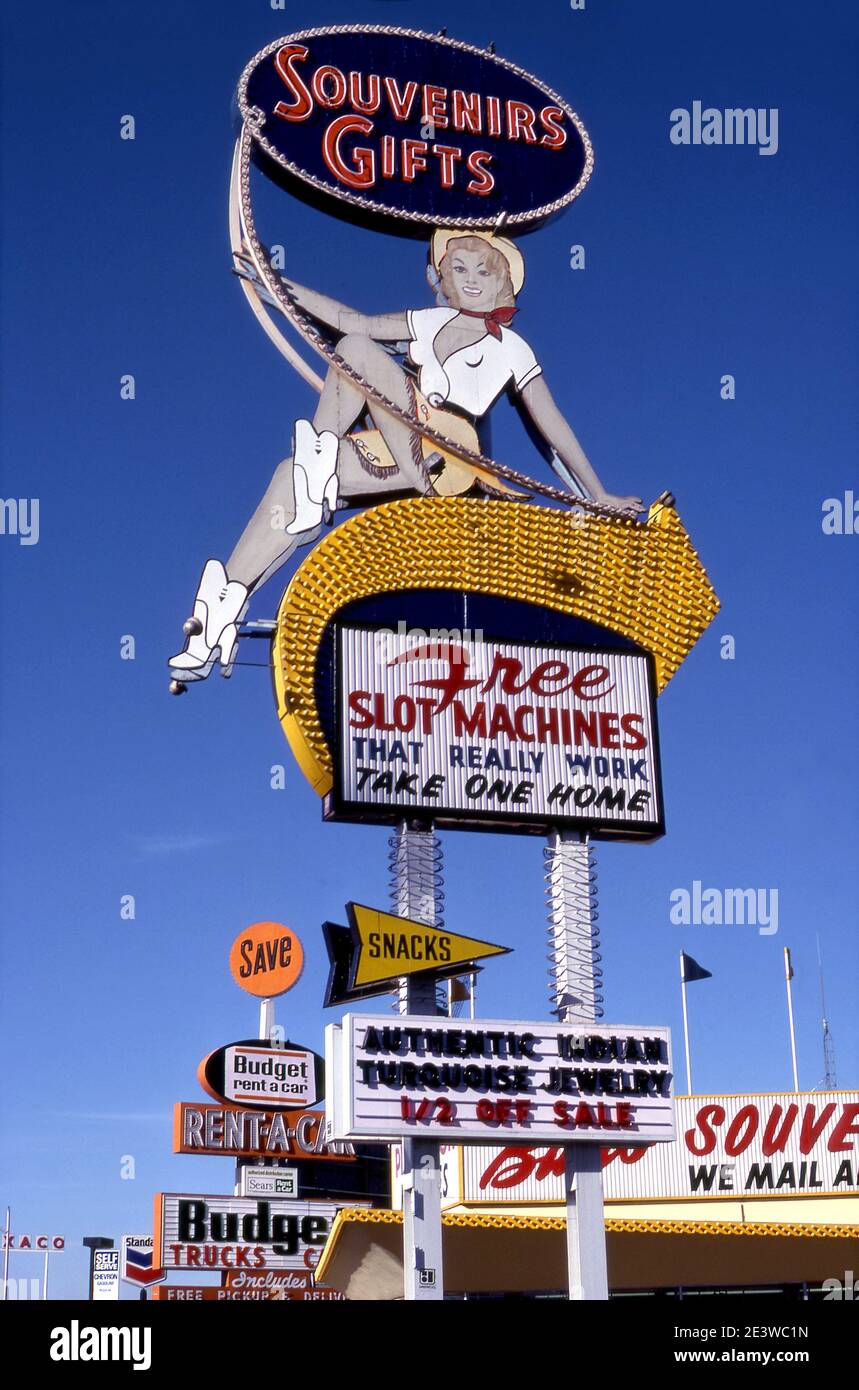 Souvenirs Gifts sign with cowgirl on Fremont Street in Las Vegas, NV Stock Photo