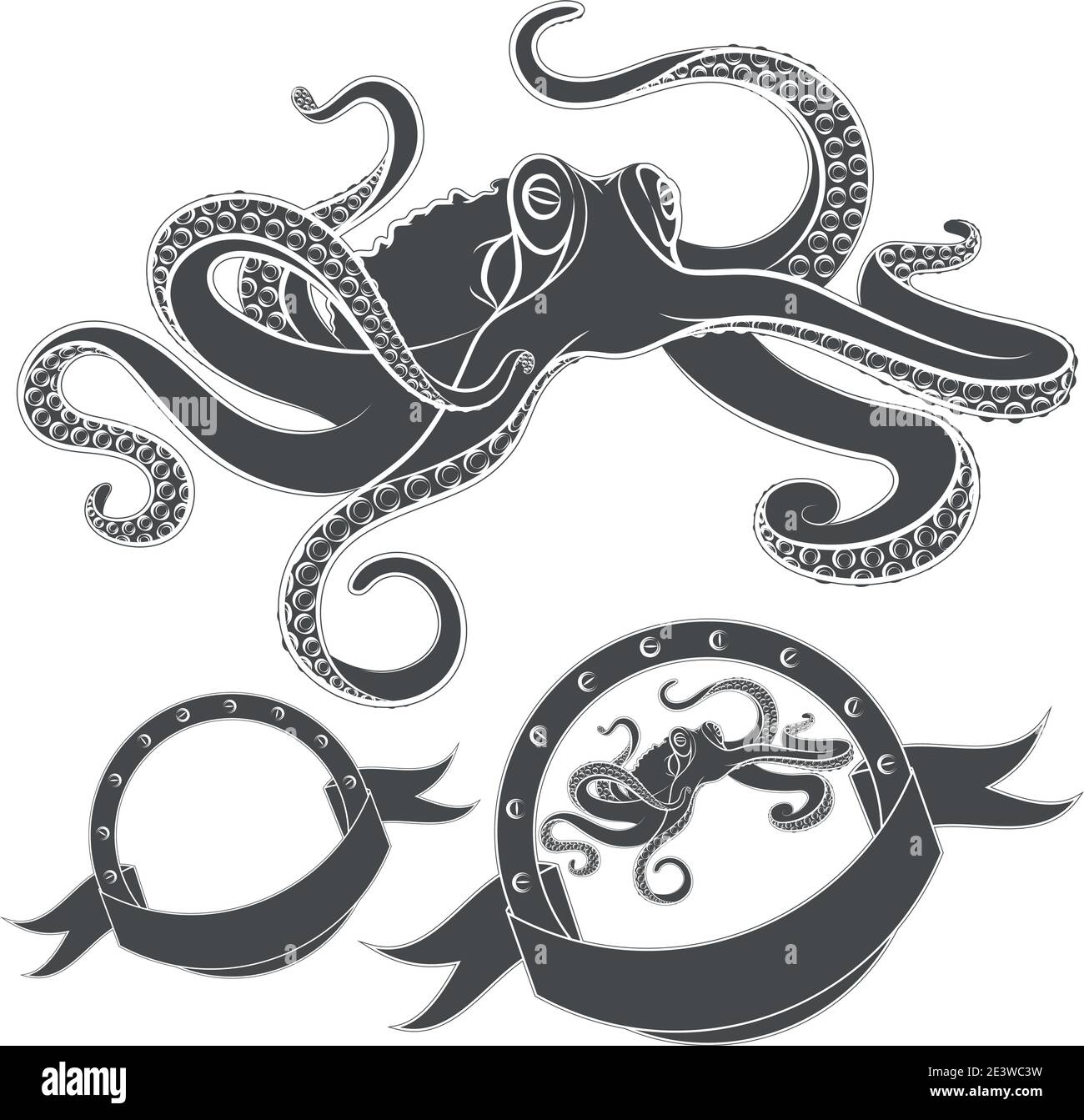 Set of vector images with octopus. Isolated objects on a white background. Stock Vector