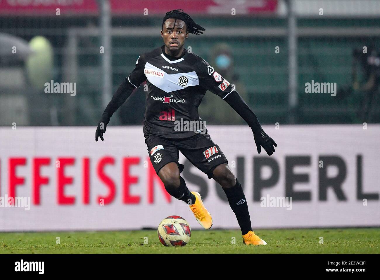 Lugano Switzerland. 20th Jan 2021. Asumah Abubakar 17 FC Lugano during the Swiss Super League match between FC Lugano and BSC Young Boys at Cornaredo Stadium in Lugano Switzerland Credit SPP Sport