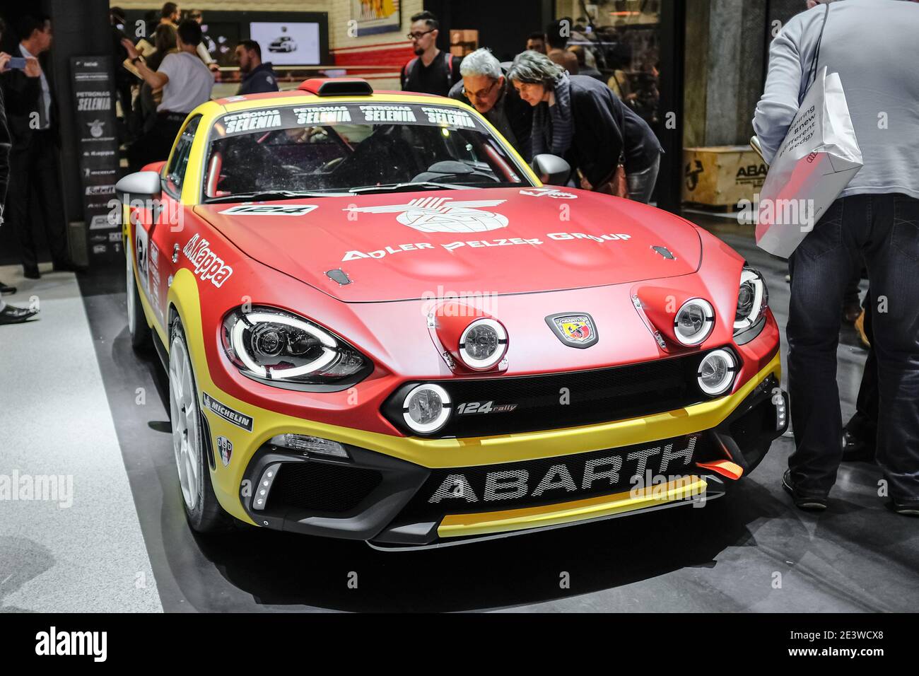 Fiat Abarth 124 Rally car,front view Geneva Motor Show with people loolking it Stock Photo