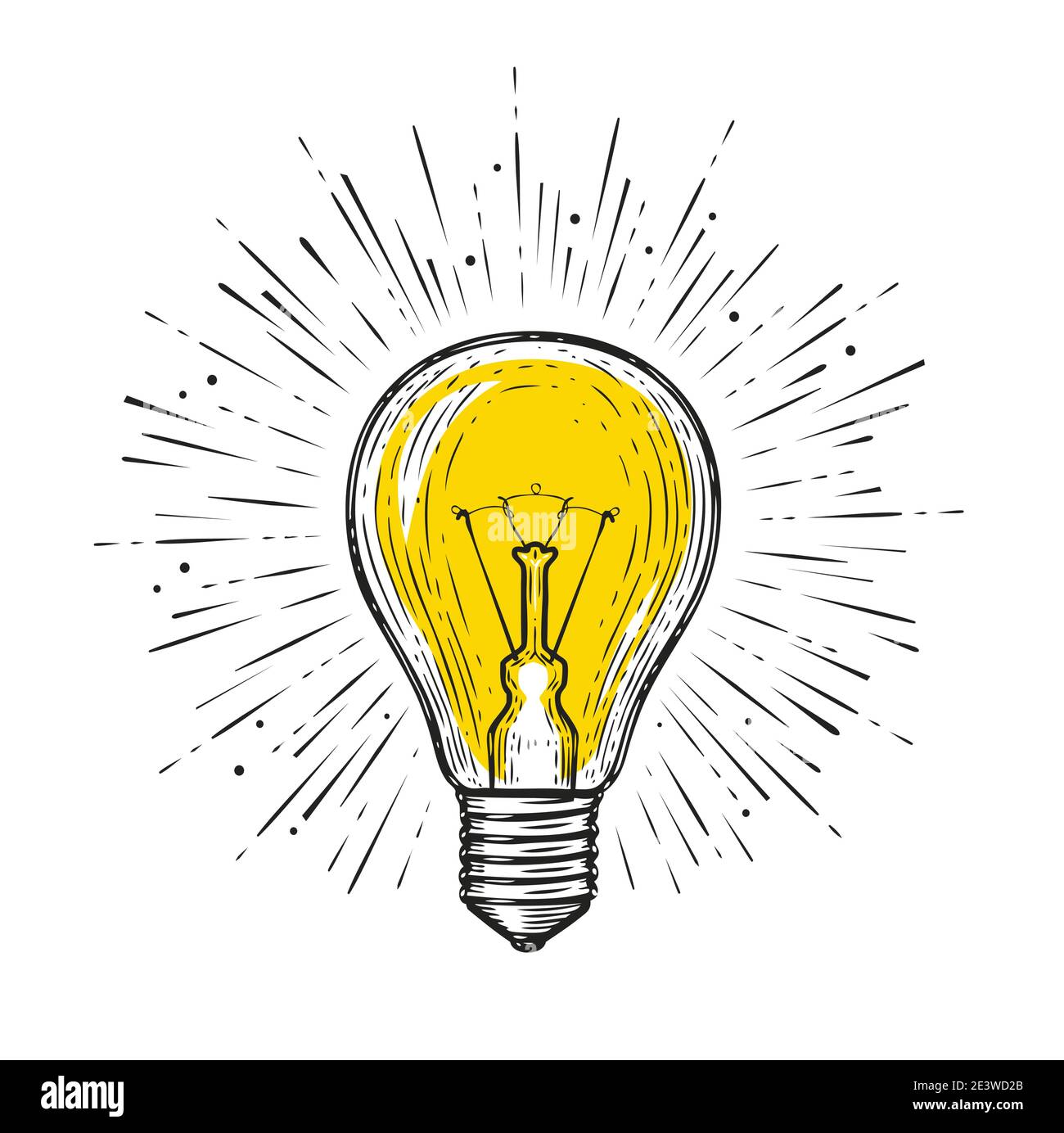 Light bulb glowing. Sketch draw vector illustration. Electric lamp symbol Stock Vector