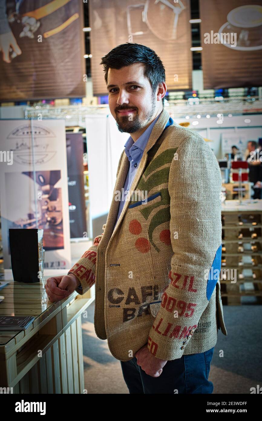 Man wearing coffebag jacket , Recycled Bean Bag Stock Photo