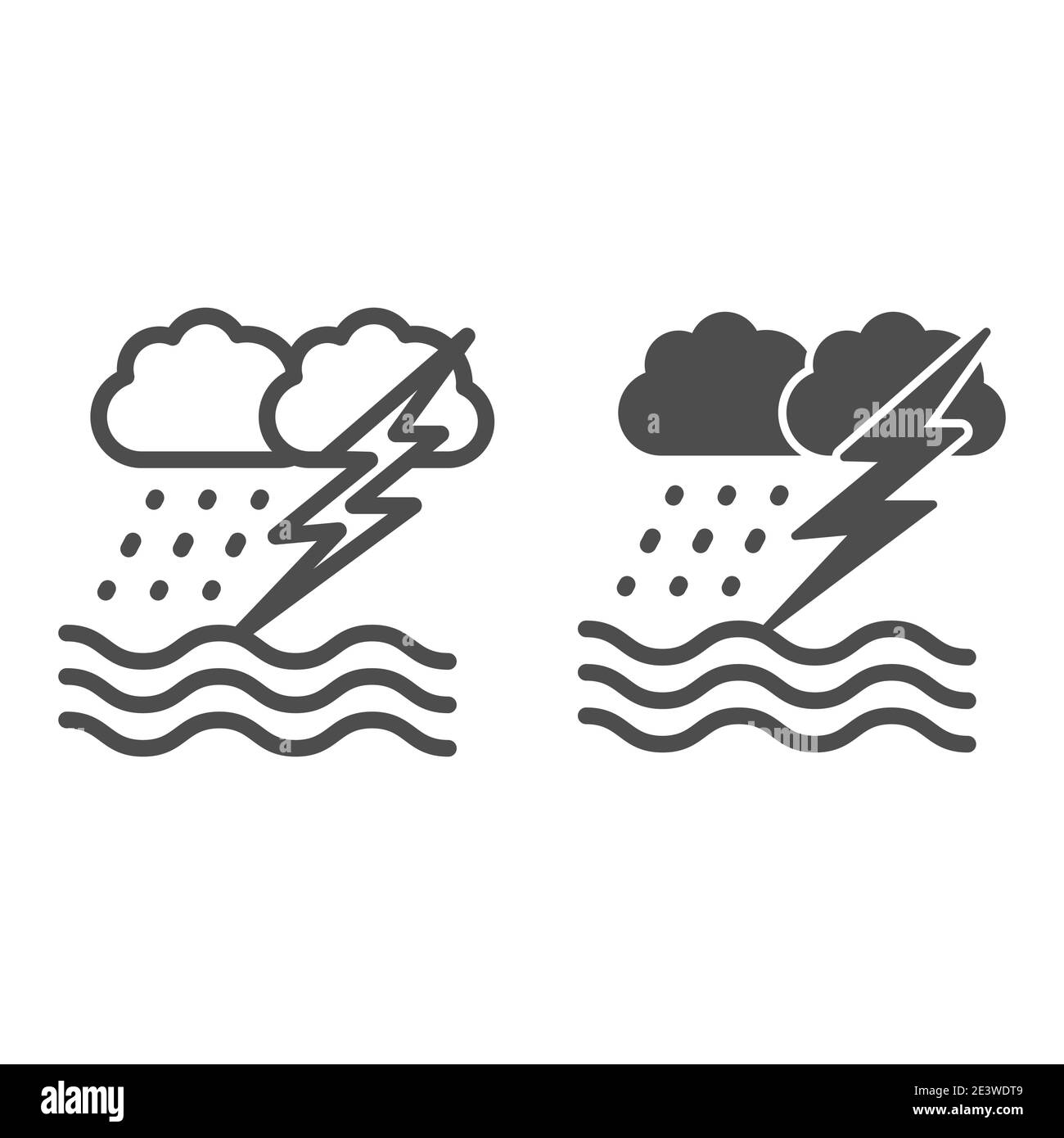 Ocean windstorm with rain and lightning line and solid icon, nautical concept, ocean storm sign on white background, waves, lightning and rain icon in Stock Vector