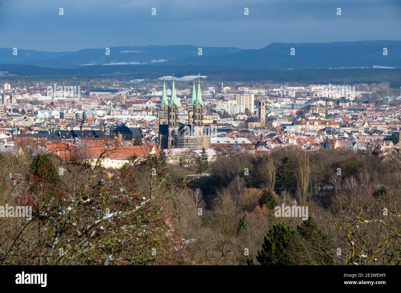 Panorama view of the World Heritage city of Bamberg on a sunny winter day with the famous bamberg cathedral in the middle. High quality photo Stock Photo