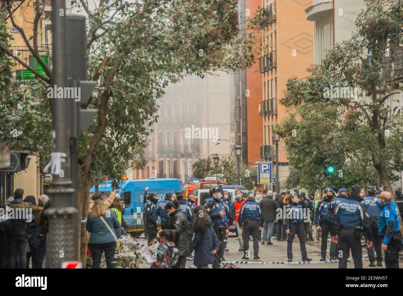 A strong explosion has partially destroyed a building located in the center of Madrid at three in the afternoon this Wednesday, causing at least three deaths and one missing person, in addition to six injured, as confirmed by the Community Government delegate, José Manuel Frank. The mayor of the city, José Luis Martínez-Almeida, has made a preliminary assessment 'with all precautions' from the area and has indicated that the causes point to a gas leak, which has blown up the four upper floors of the building in the Calle de Toledo, less than a kilometer from the Plaza Mayor in the capital. Acc Stock Photo