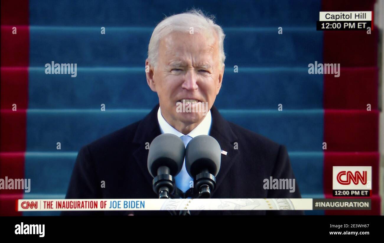 A CNN television screen shot of U.S. President Joseph Biden delivering his inaugural speech at this 2021 inauguration in Washington, D.C. Stock Photo