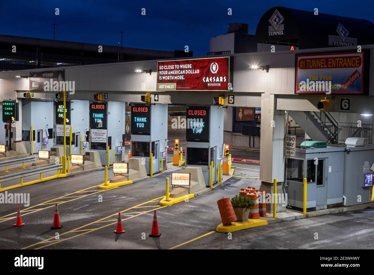 Detroit, Michigan - Toll booths are closed as there is little traffic at the Detroit-Windsor Tunnel, which connects the United States and Canada. Cros Stock Photo