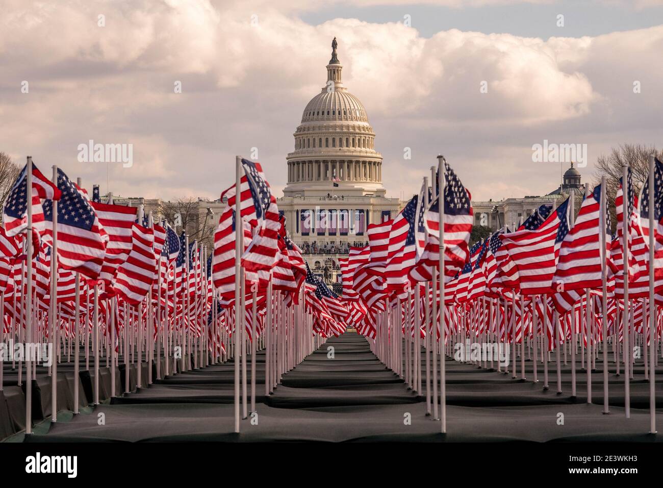 Washington, United States. 20th Jan, 2021. The U.S. Capitol is seen through thousands of American flags prior to President Joseph Robinette Biden Jr. taking the oath of office as the 46th President of the United States at the Capitol in Washington, DC on Wednesday, January 20, 2021. Photo by Ken Cedeno/UPI Credit: UPI/Alamy Live News Stock Photo