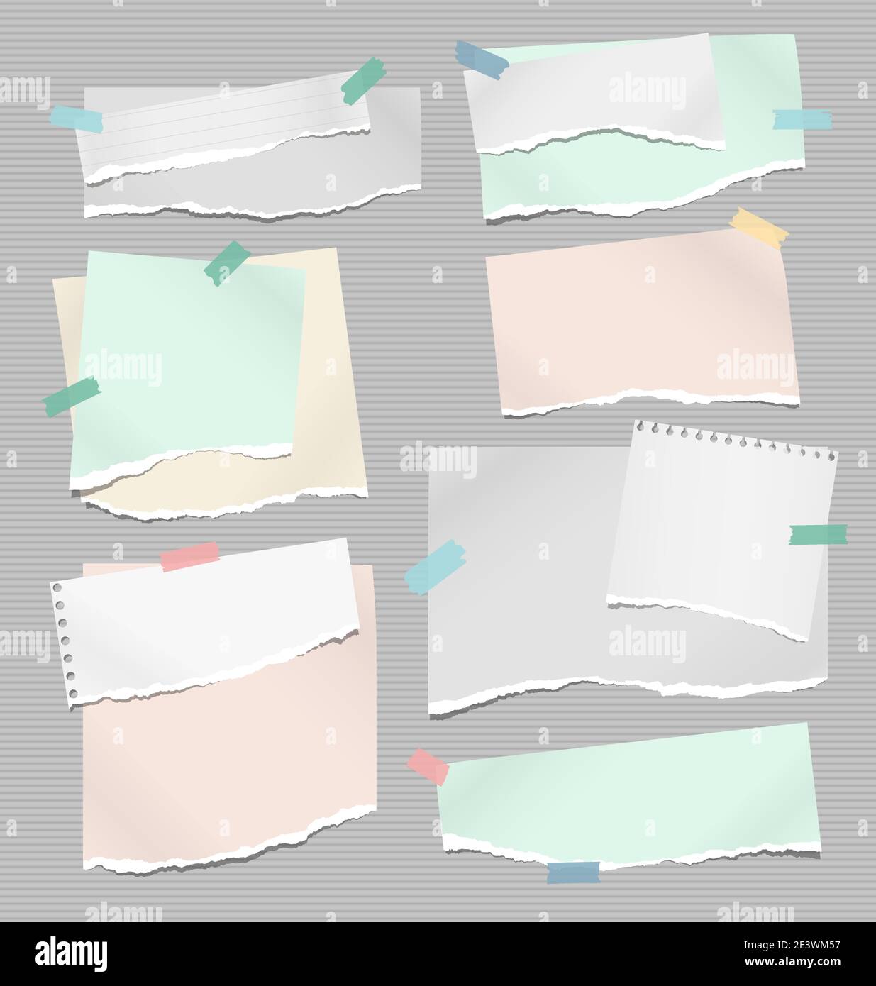 Set of torn white and colorful note, notebook paper pieces stuck with ...