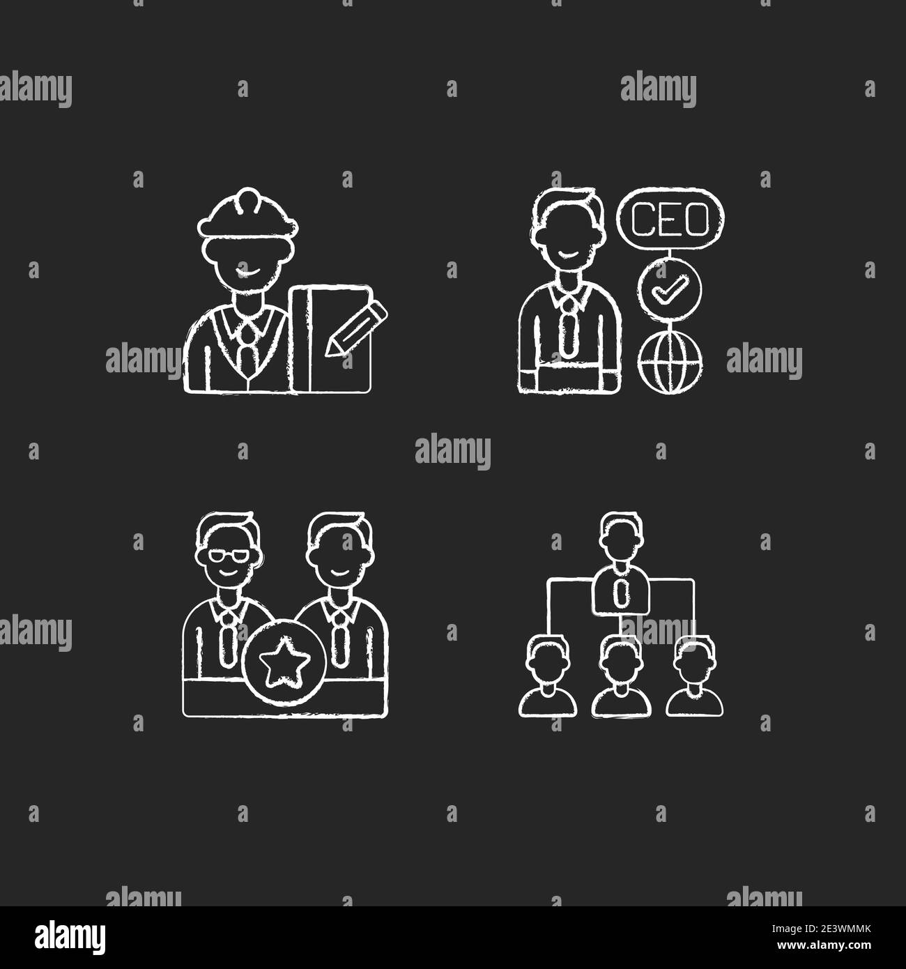 Organization hierarchy chalk white icons set on black background Stock Vector