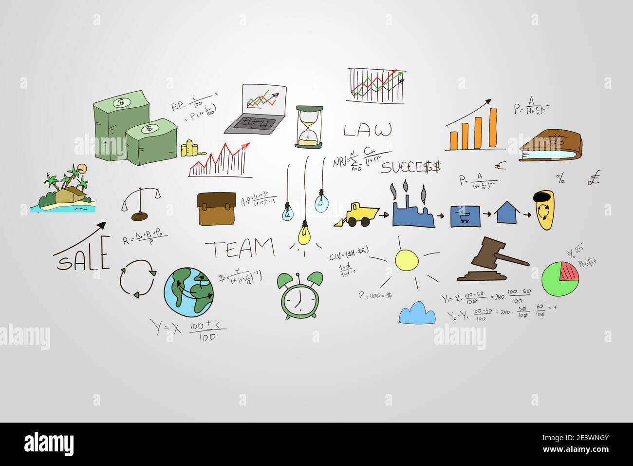 Business doodles hand drawn Sketch illustration set. Infographics elements isolated on gray. Lots of icons included graphs, stats, devices, formulas c Stock Photo