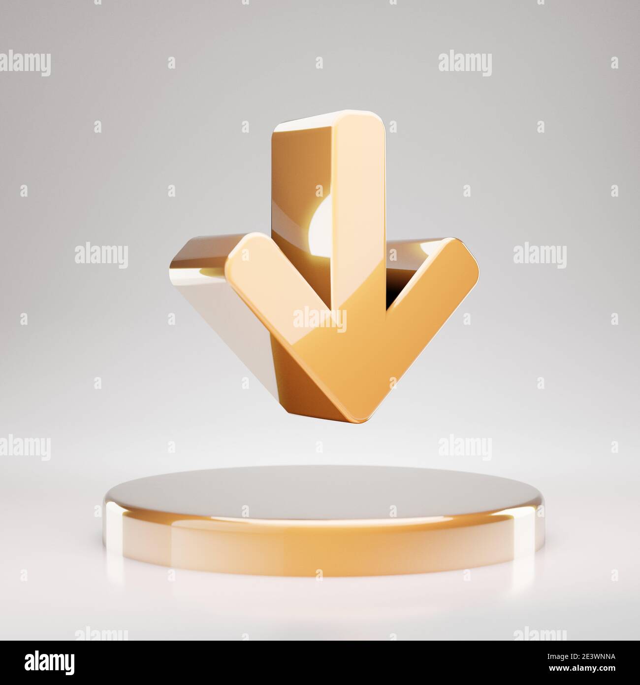 Arrow Down icon. Yellow Gold Arrow Down symbol on golden podium. 3D ...