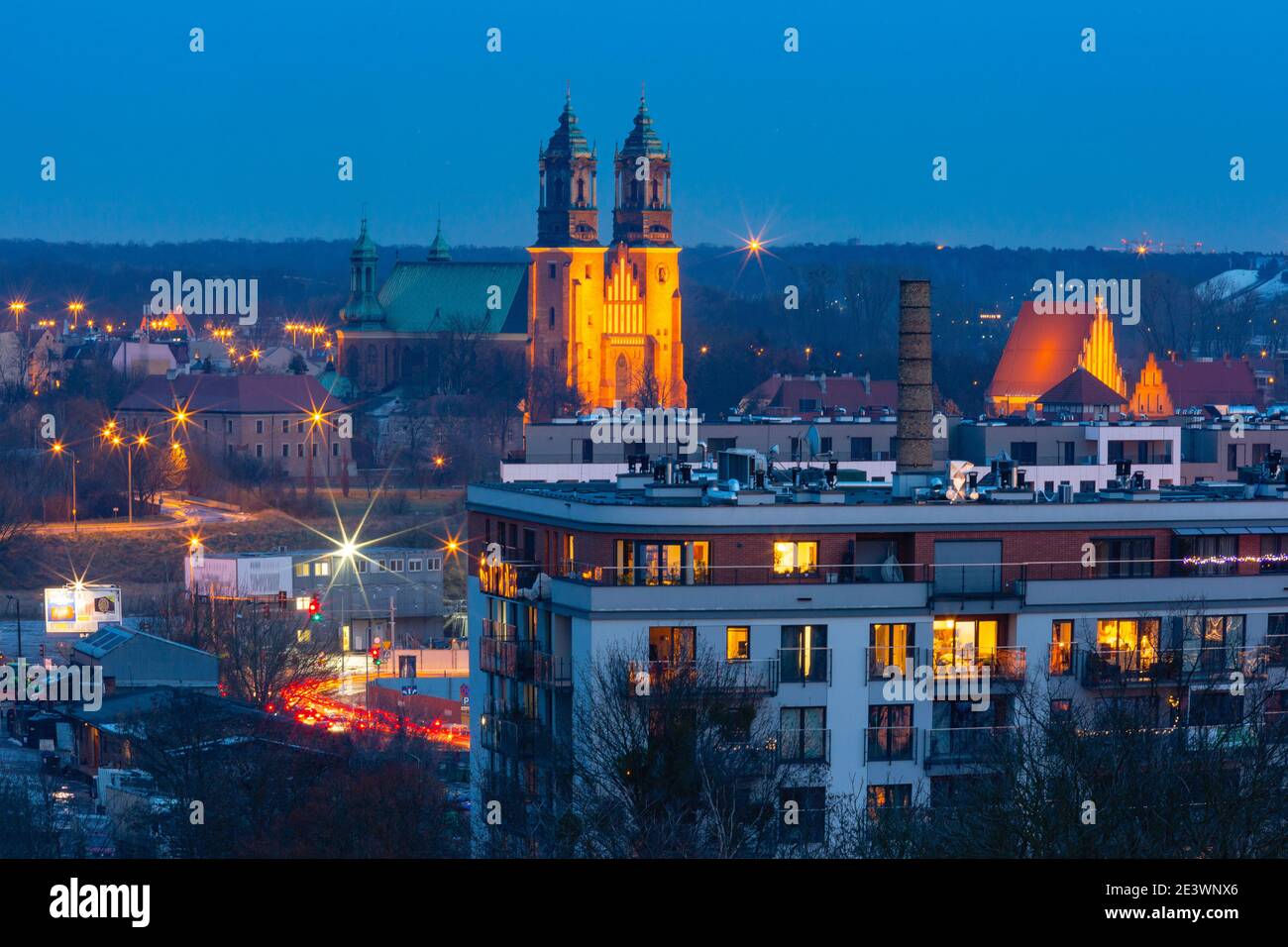 Aerial view of Poznan with Poznan Cathedral at sunset, Poland Stock Photo