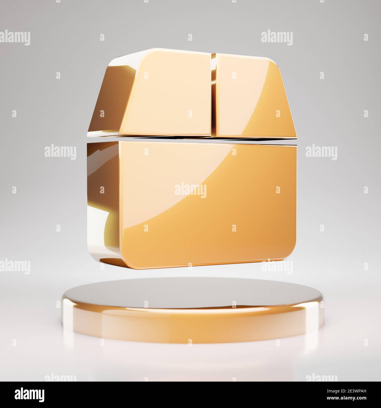 Open Box icon. Yellow Gold Open Box symbol on golden podium. 3D rendered Social Media Icon. Stock Photo