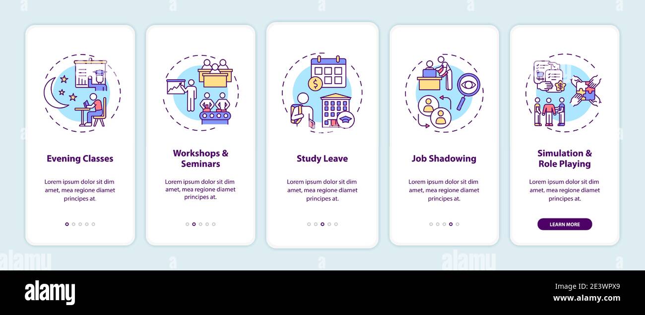 Staff training types onboarding mobile app page screen with concepts Stock Vector