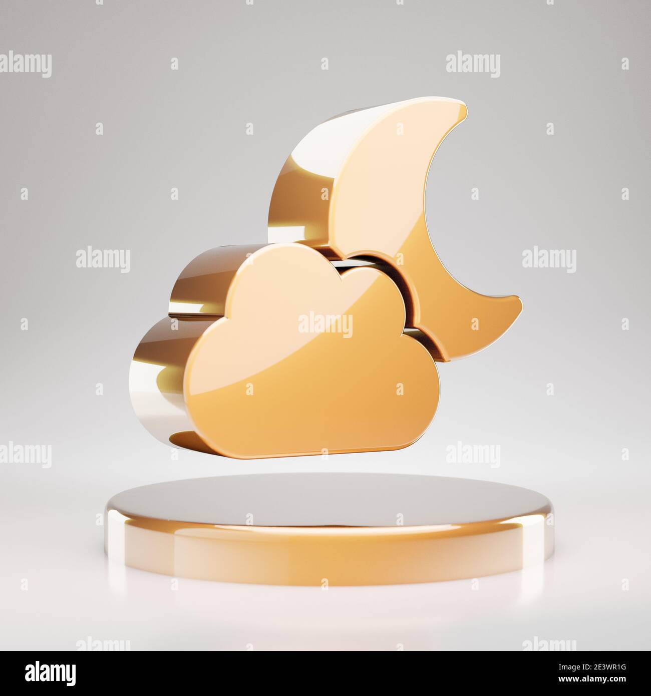 Cloud Moon icon. Yellow Gold Cloud Moon symbol on golden podium. 3D ...