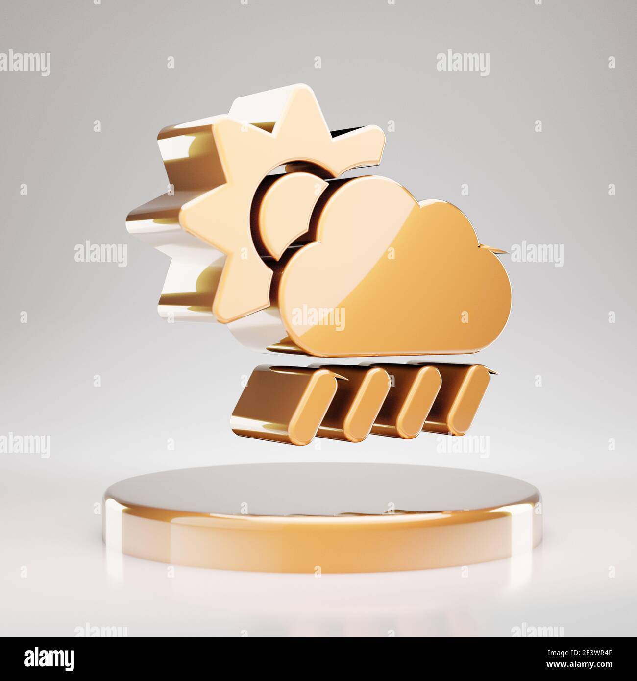 Cloud Sun Rain icon. Yellow Gold Cloud Sun Rain symbol on golden podium ...
